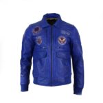 Men’s Real Leather Blue Bomber Pilot Flying Jacket With Badges – Aviator Bomber Jacket