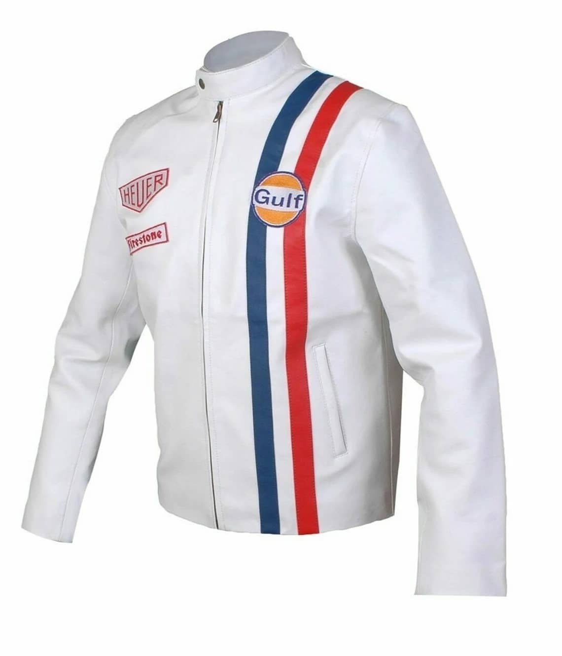 Steve McQueen White Le Mans Gulf Racing Style Leather Jacket with Stripes Steve McQueen White Le Mans Gulf Racing Style Leather Jacket with Stripes - Image 1